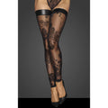 Noir Tulle Stockings W Patterned Flock Embroidery & Power Wetlook Band - Black - Large