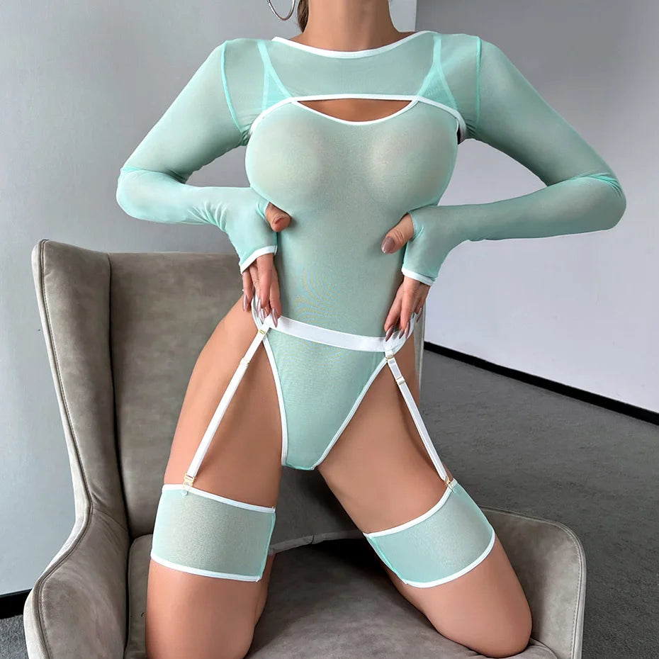 Alluring Transparent Bodysuit Open Crotch Teddy Nightgown For Women - Light Green - S