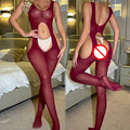 Leopard Fishnet Bodystocking Alluring Open Crotch Lingerie For Women - W829-Wine Red
