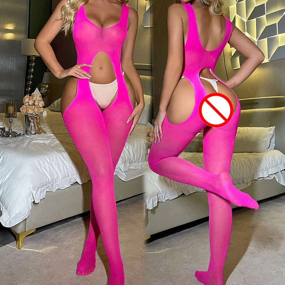 Leopard Fishnet Bodystocking Alluring Open Crotch Lingerie For Women - W829-Wine Red