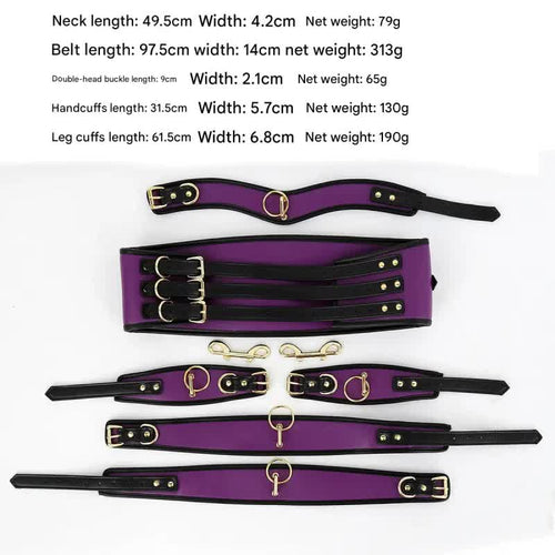 Adjustable PU Leather Bondage Restraint Set - Collar, Waist Belt, Hand & Leg Cuffs with Connectors(purple)