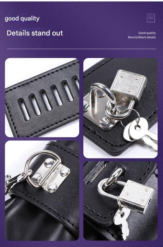 PU Leather Padded Bondage Mitts with Locking Straps & Connecting Chain - Playful Adult Set(Black)