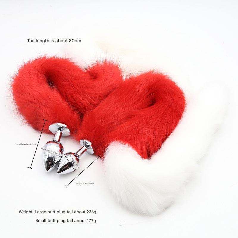 Extra Long Faux Fur Tail with Metal Anal Plug - Playful Cosplay & Adult Novelty Accessory(White and red-large)