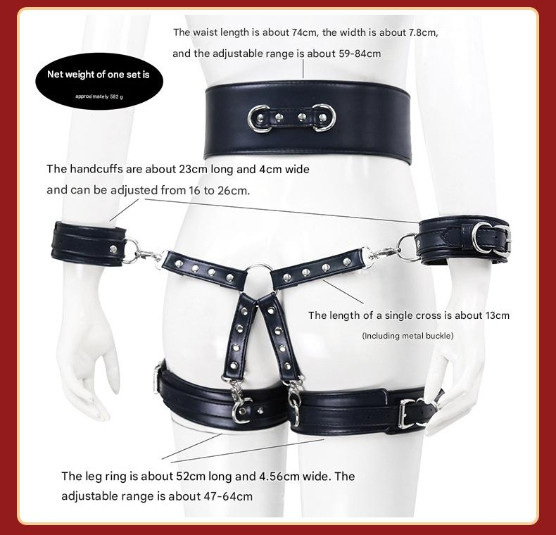 Full Body PU Leather Bondage Restraint Set with Collar, Leash, Cuffs & Harness - Adjustable Adult Play(Black)