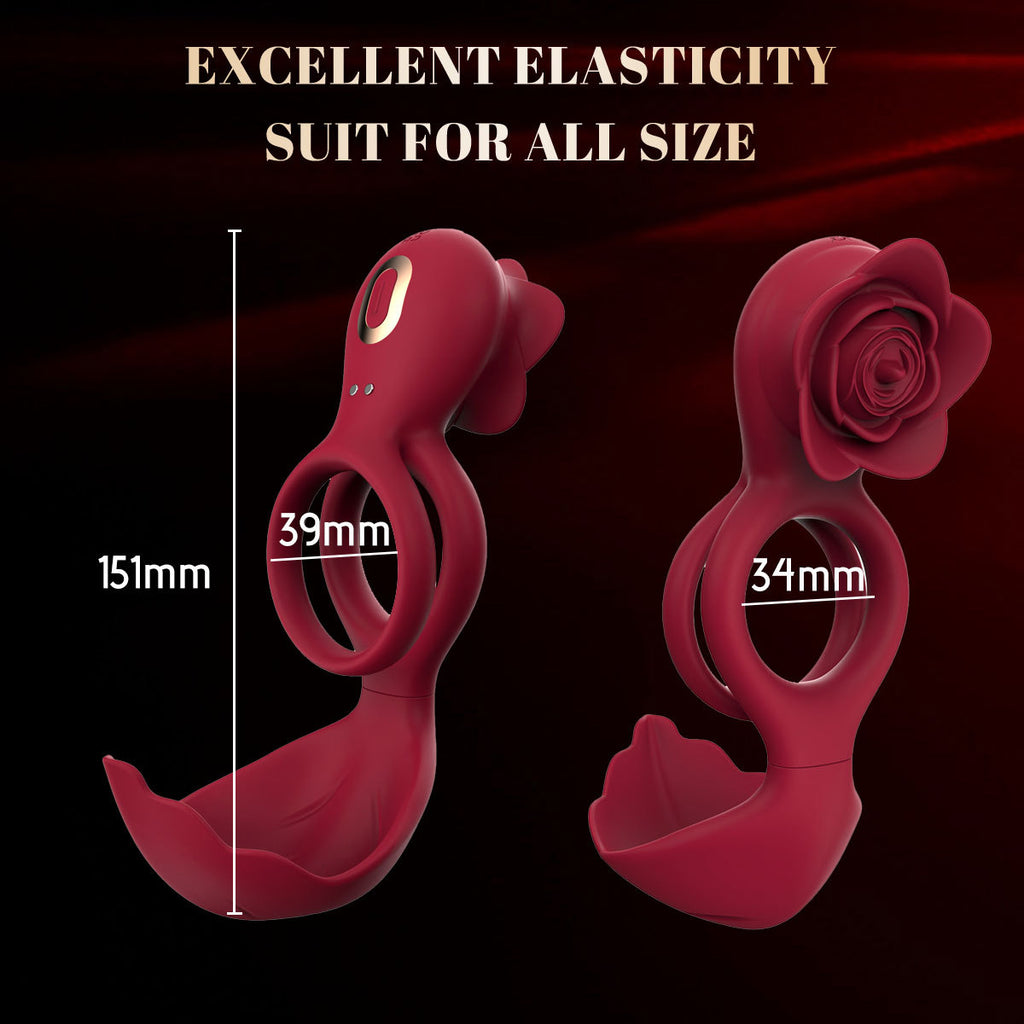 Red Romantic Rose Dual Motor Vibrating Couples Pleasure Ring - Rechargeable Silicone Enhancer