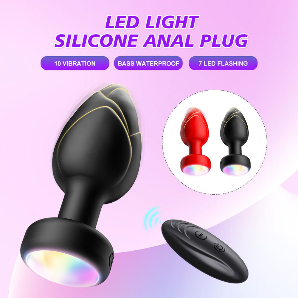 Black Luminous LED Vibrating Anal Plug with Wireless Remote - 10 Speeds, 7 Light Modes, Waterproof Silicone