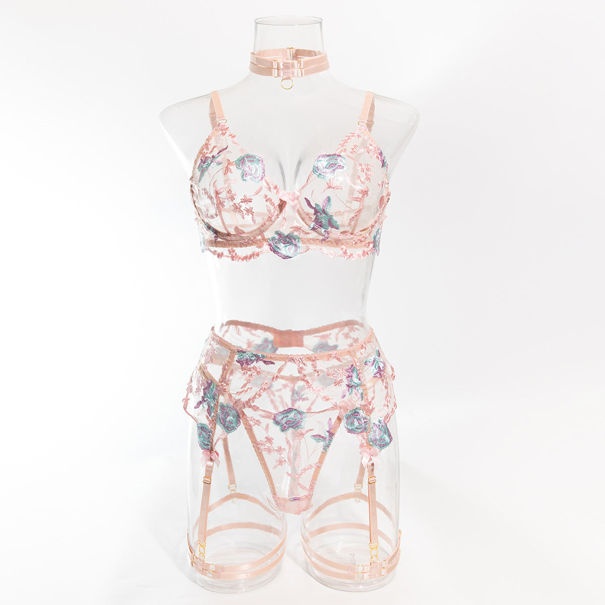 Size S Pink Elegant Floral Embroidered Sheer 5-Piece Lingerie Set - Bra, Thong, Garter Belt, Choker & Thigh Straps