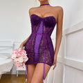 Size S Seductive Purple Lace & Satin Corset Lingerie Dress - Strapless Bustier with Halter Neck & Garters
