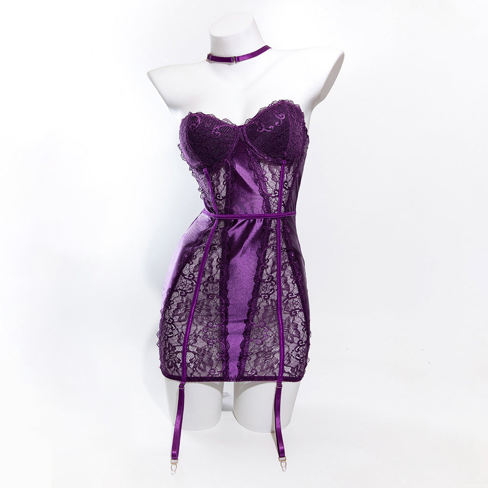 Size S Seductive Purple Lace & Satin Corset Lingerie Dress - Strapless Bustier with Halter Neck & Garters