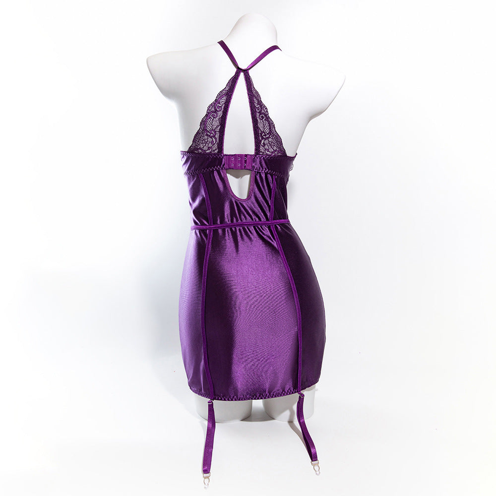 Size L Seductive Purple Lace & Satin Corset Lingerie Dress - Strapless Bustier with Halter Neck & Garters