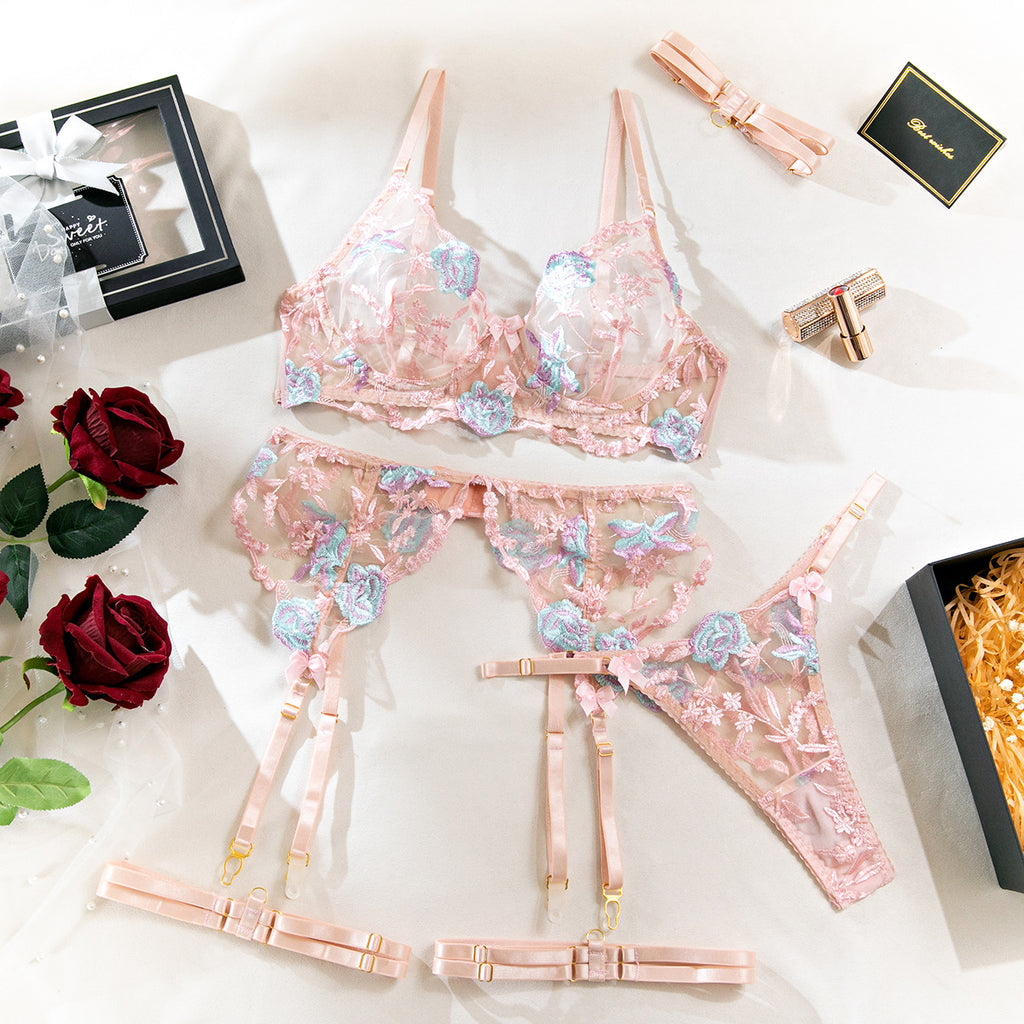 M Pink Sexy Sheer Floral Embroidery Lingerie Set - Open-Butt Shapewear Five-Piece Set