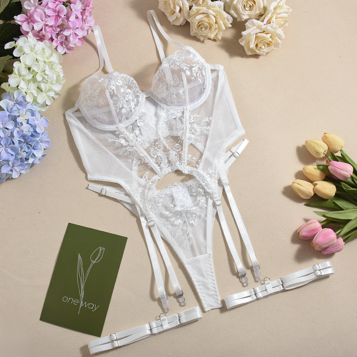XL White 3-Piece Embroidered Lace Lingerie Set with Boned Corset - Seductive Elegance