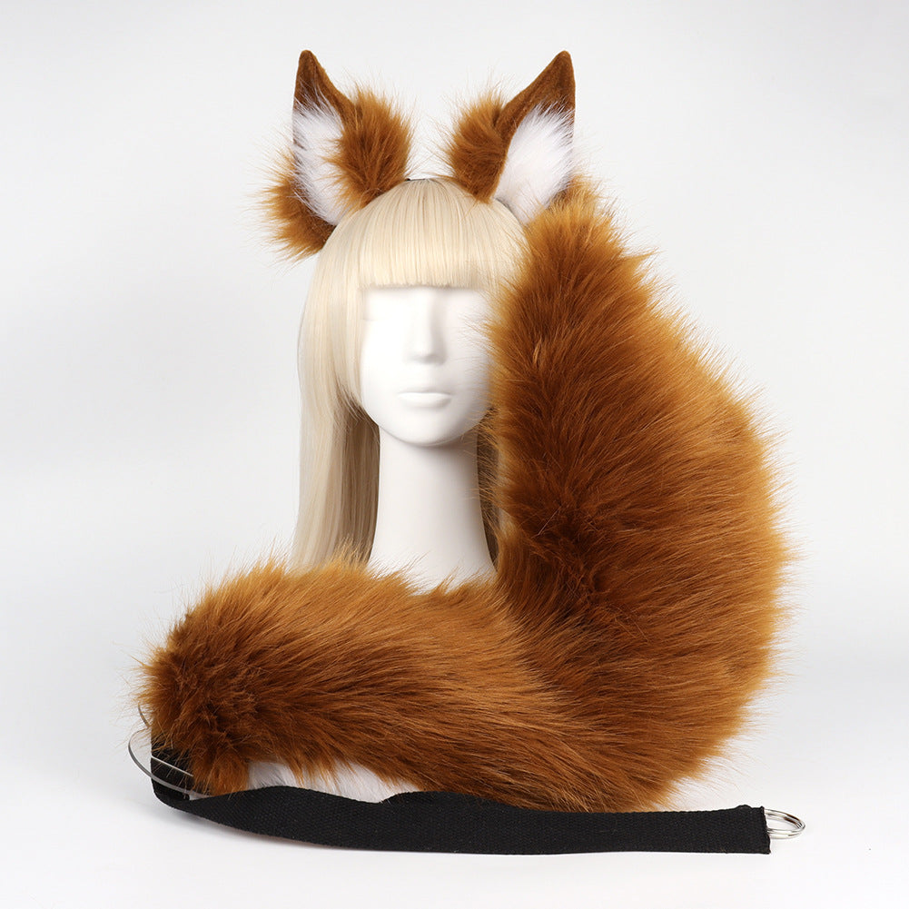 Brown Plush Faux Fur Fox Ears Headband and Tail Set - Realistic Animal Costume for Cosplay & Parties