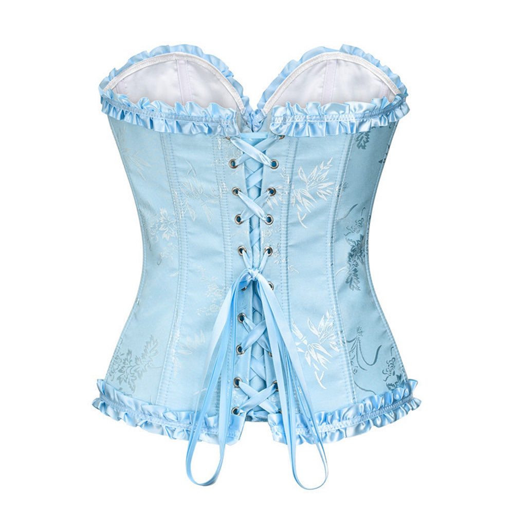 L Blue Women's Floral Lace Overbust Corset - Waist Cincher Bustier Top for Shapewear & Costume